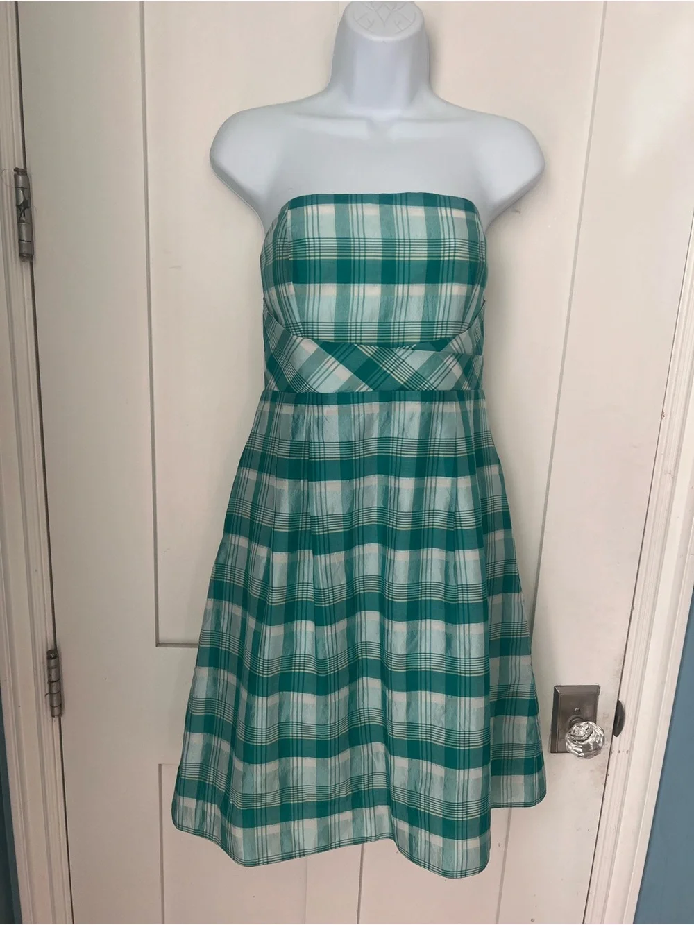 J.Crew Strapless Plaid Green White Silk Blend  Preppy Cottagecore Summer Dress 6